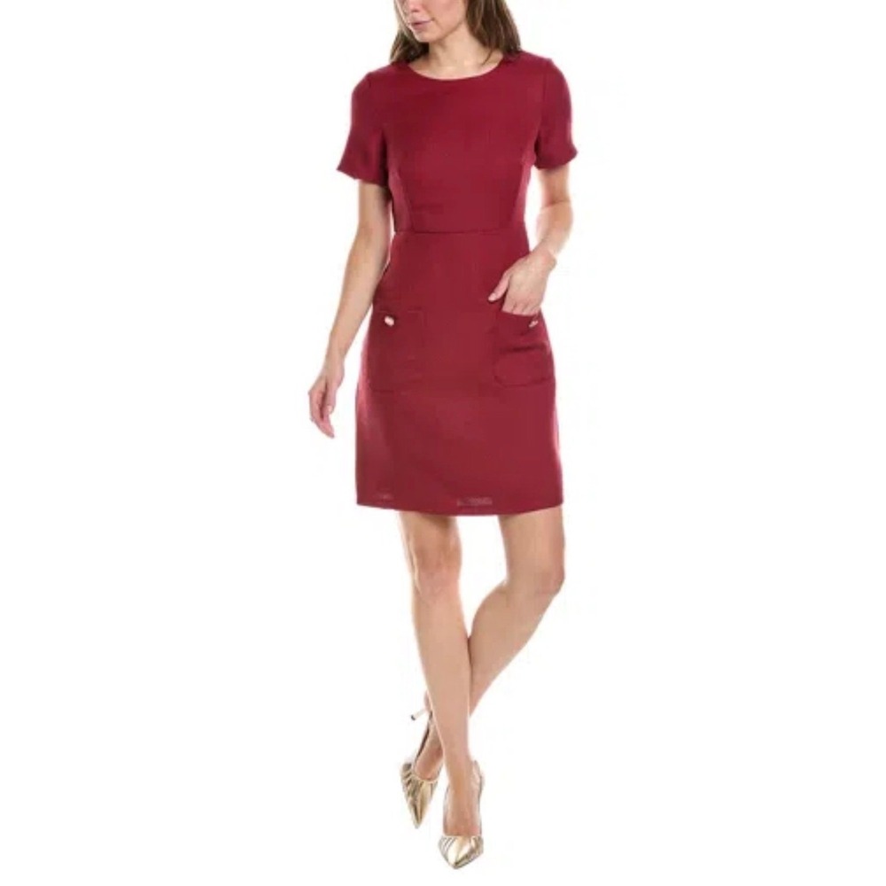 Tahari ASL Burgundy Textured Short Sleeve Sheath‎ Pocket Dress Size 4 Red